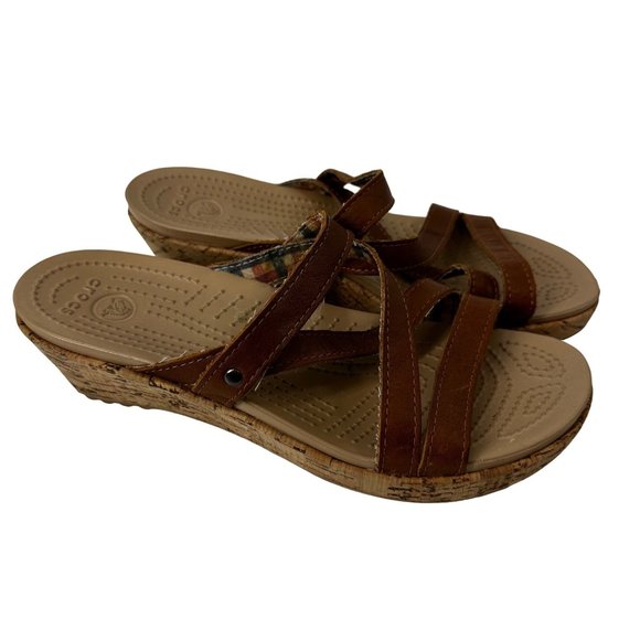 Crocs Sandals Brown Leather A-Leigh Cork Low Wedge Size 8 Slip On - Picture 2 of 11